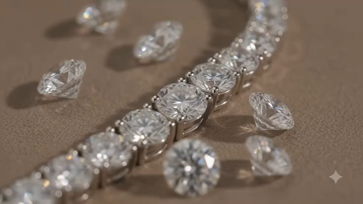 Lab-grown diamond tennis bracelet with loose round brilliant diamonds on taupe suede