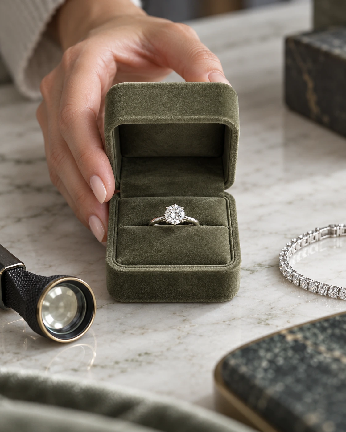 Diamond solitaire presented in a muted olive velvet jewelry box
