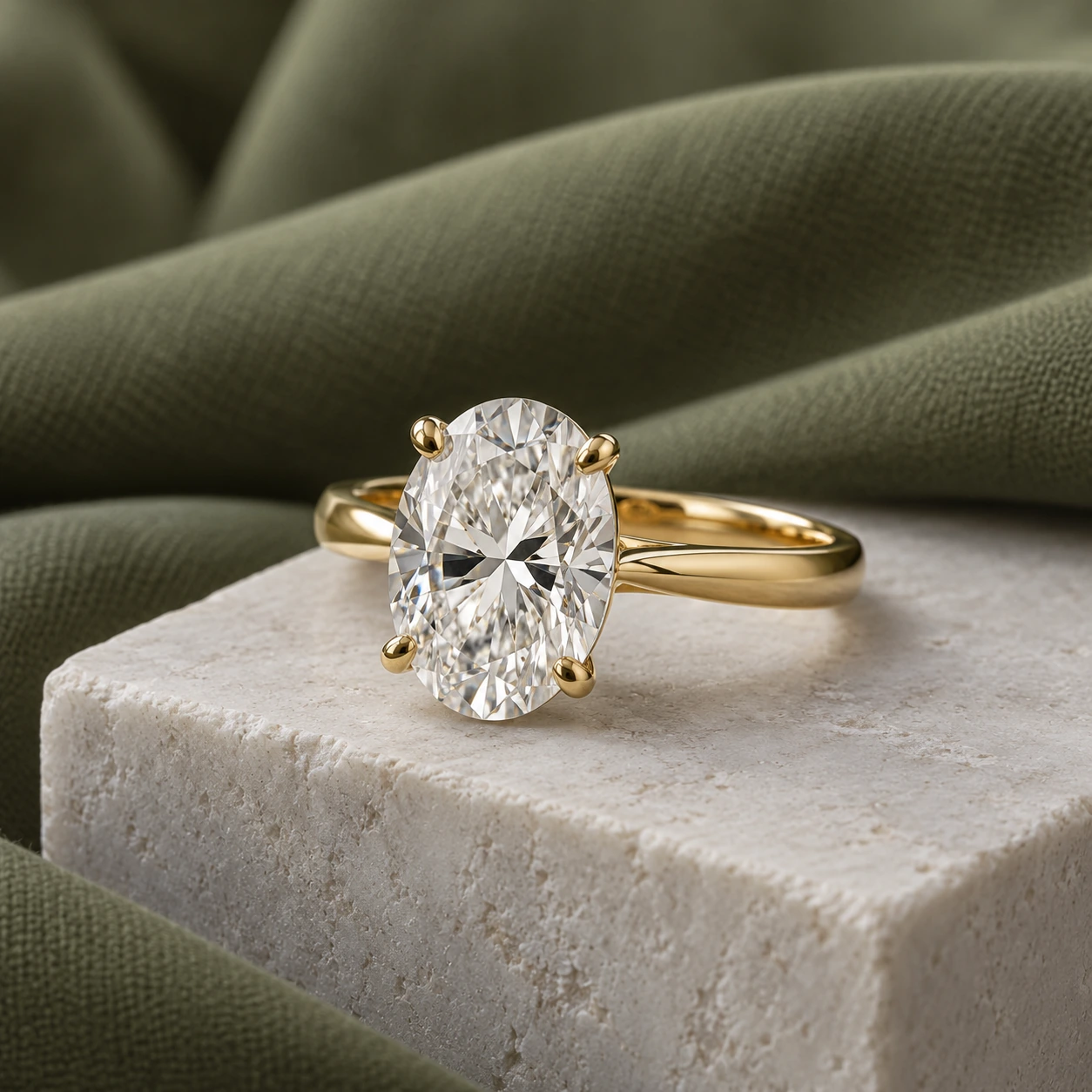 Oval diamond solitaire in yellow gold on white stone beside olive fabric
