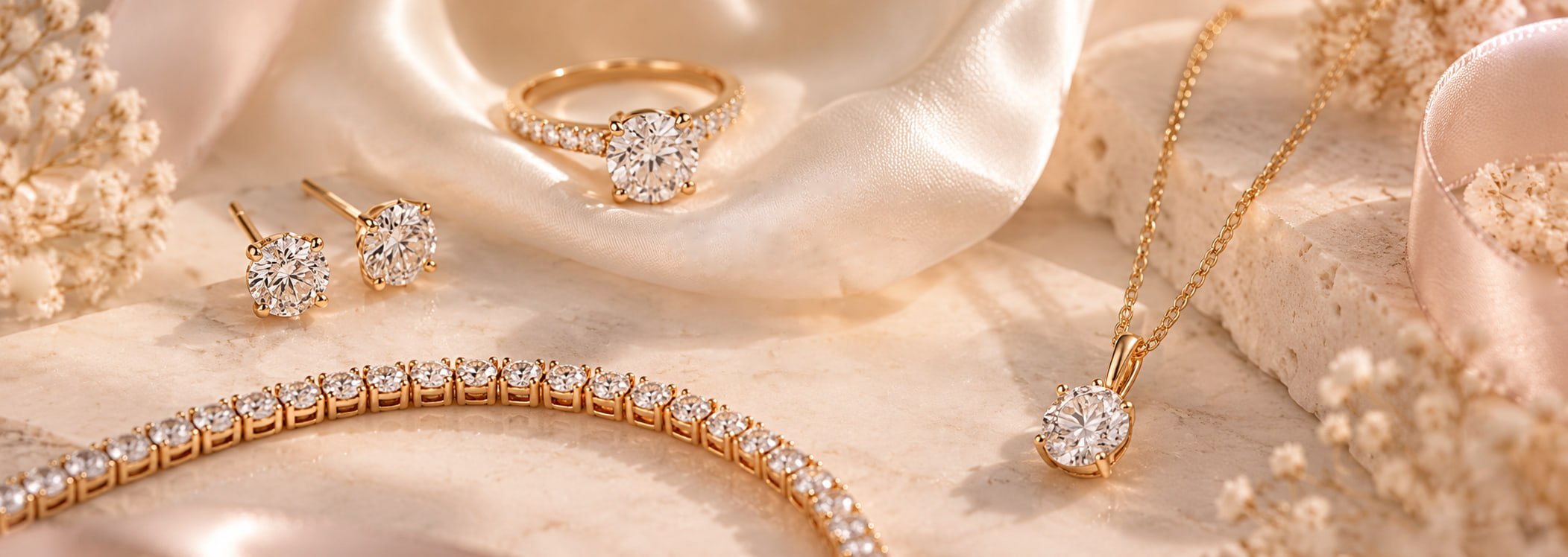 Gold diamond ring and bracelet on champagne silk