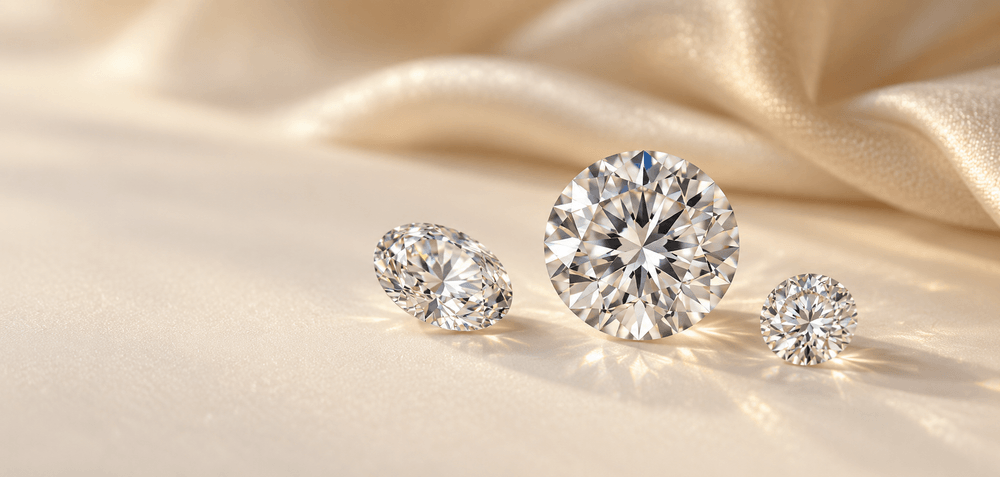 Three loose round lab-grown diamonds on champagne satin