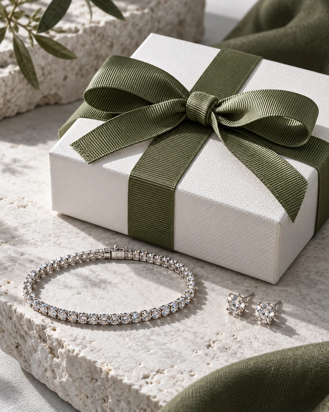 White jewelry gift box with an olive ribbon, diamond stud earrings and a tennis bracelet on pale stone