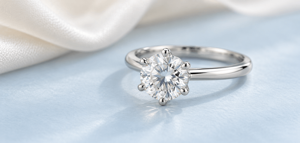 Six-prong round solitaire diamond ring on pale blue