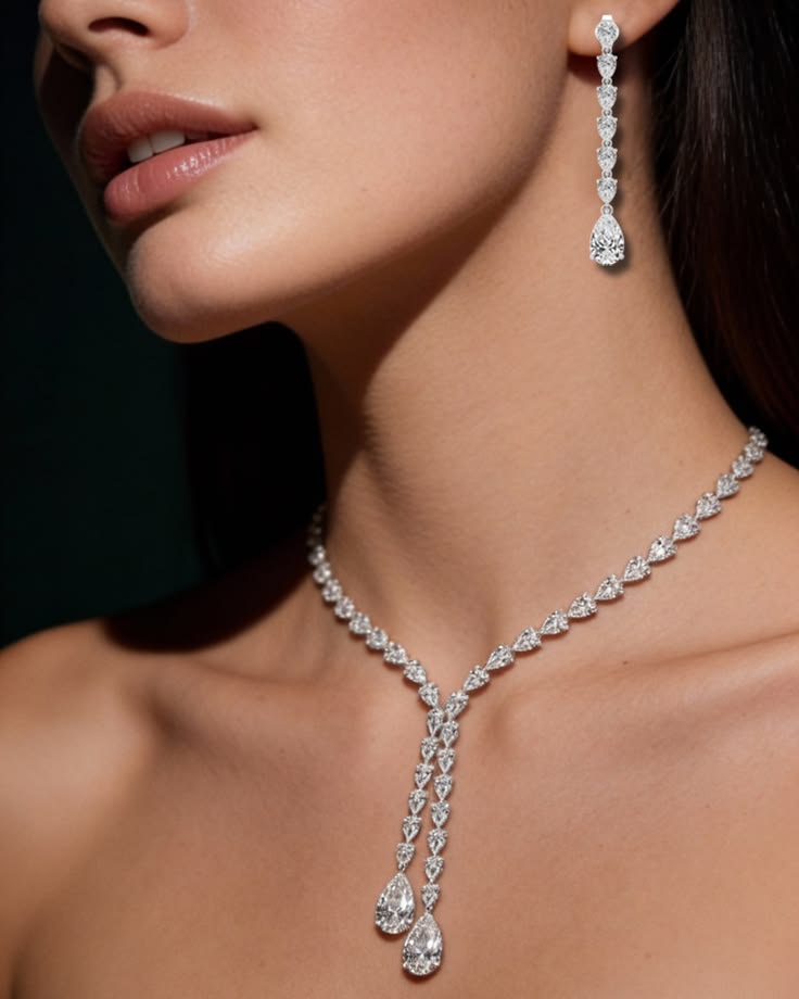 Model wearing a pear-cut diamond lariat necklace and matching drop earrings
