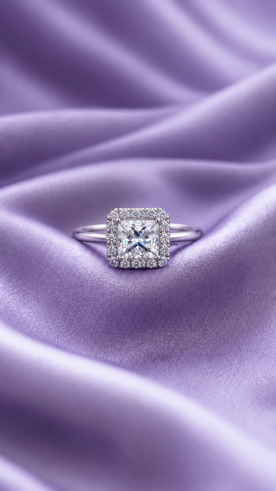 Princess-cut halo diamond ring on lavender satin