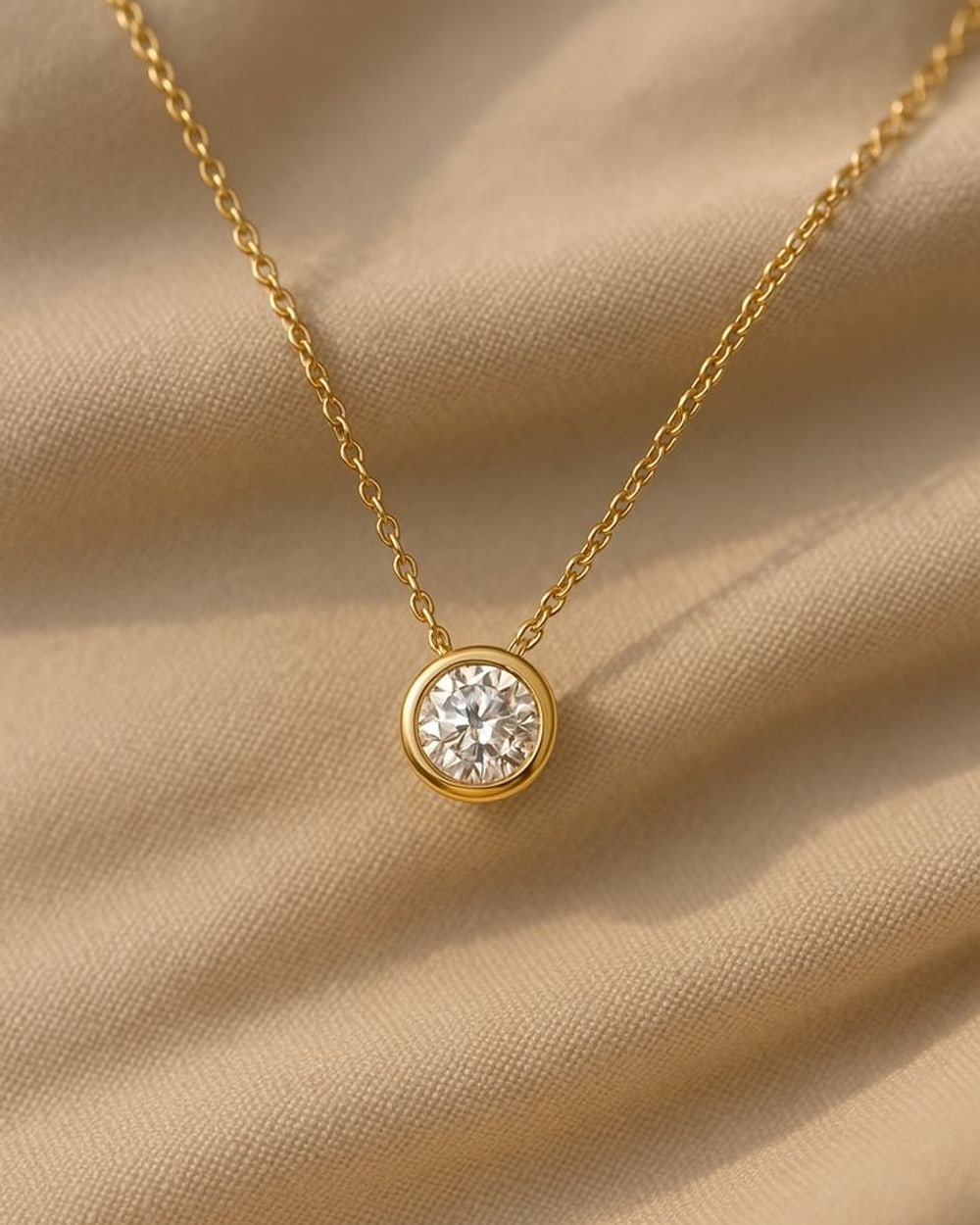Yellow gold bezel-set diamond pendant on beige fabric