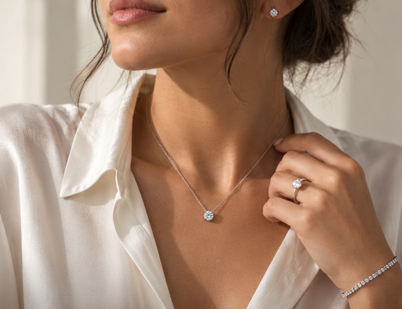 Woman in an ivory silk shirt wearing a diamond solitaire pendant, a solitaire ring, a diamond tennis bracelet and diamond studs