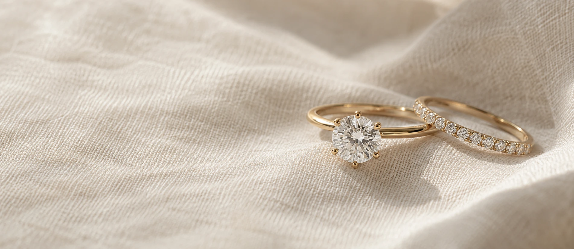 Yellow-gold diamond solitaire ring and diamond wedding band resting on softly folded ivory linen in natural light