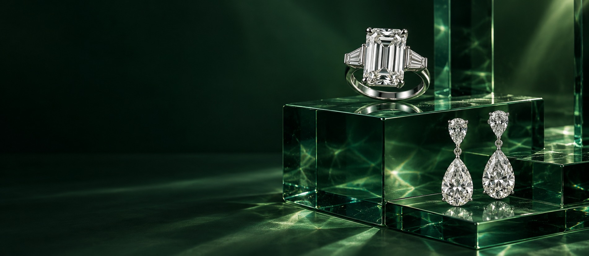 Emerald-cut diamond ring and pear drop earrings on green glass