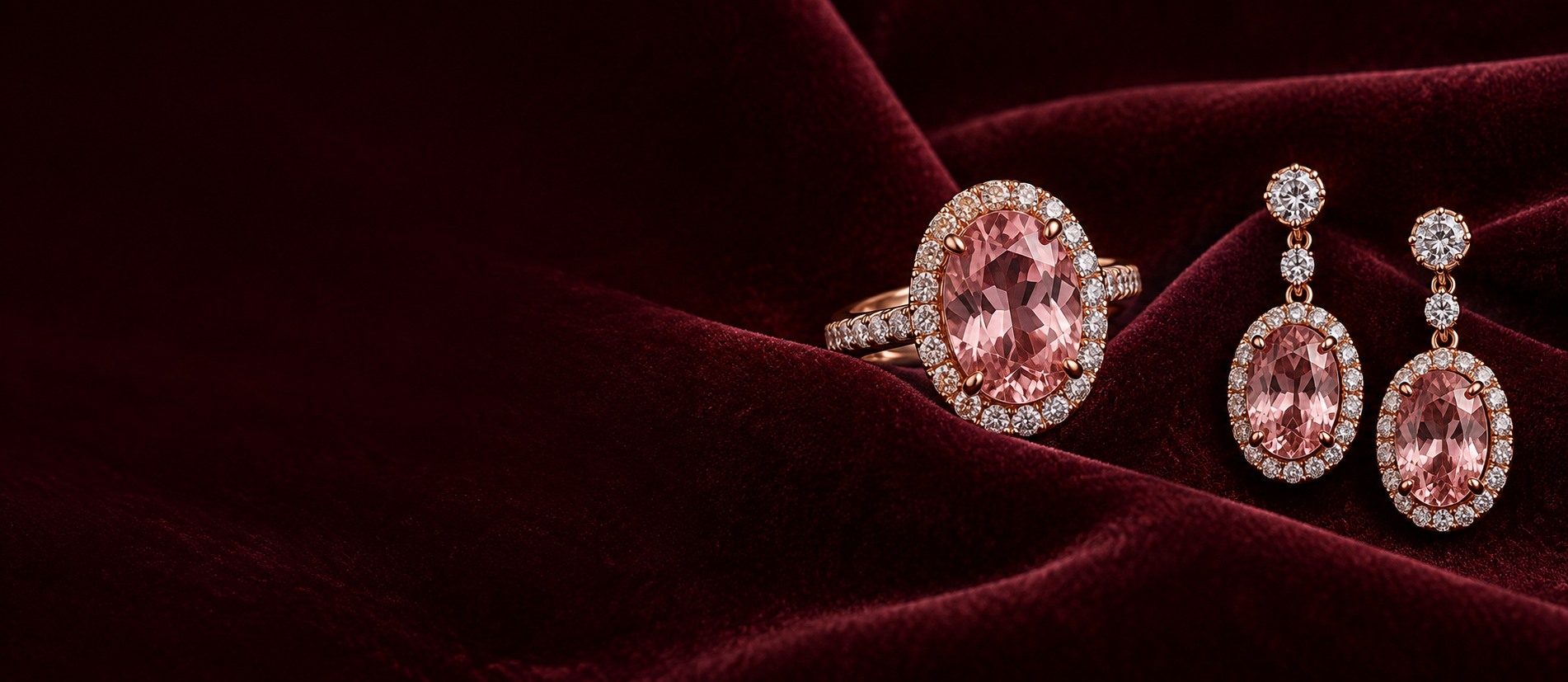 Morganite halo ring and drop earrings on burgundy velvet