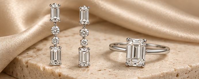 White gold emerald-cut diamond drop earrings and an emerald-cut diamond solitaire ring on ivory stone against champagne silk