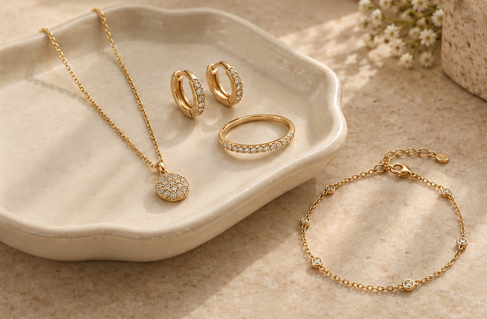 Gold pavé disc pendant, pavé huggie hoops and a diamond band in a ceramic dish beside a gold diamond station bracelet