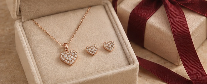 Rose gold pavé heart pendant and matching heart studs in an open ivory box beside a gift tied with burgundy ribbon