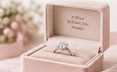 Halo diamond engagement ring in an open blush velvet ring box