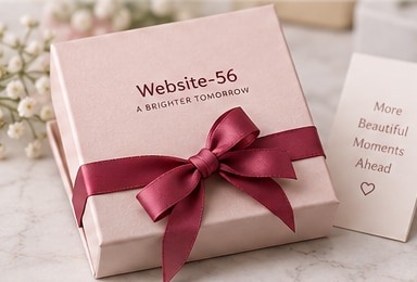 Blush jewellery gift box tied with a burgundy satin ribbon beside a small note card