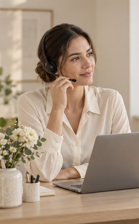 Customer support specialist wearing a headset, smiling at her desk beside a laptop